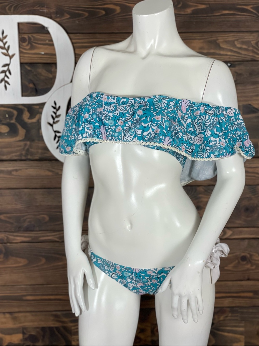 Teal Floral Off-Shoulder Ruffle Bikini Set